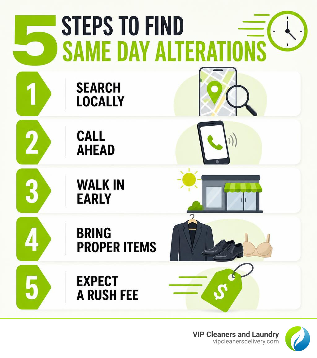 Infographic showing the 5 steps to find same day alterations: search locally, call ahead, walk in early, bring proper items Infographic showing the 5 steps to find same day alterations: search locally, call ahead, walk in early, bring proper items