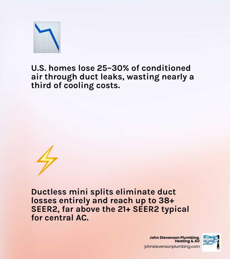 Comparison infographic: central AC vs ductless mini split key differences including ductwork, efficiency, zoning, and