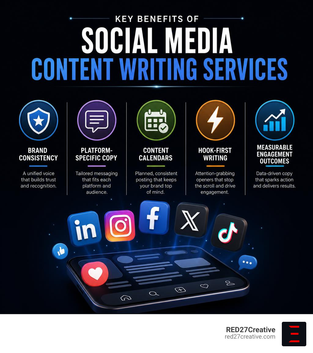 Infographic showing the key benefits of social media content writing services: brand consistency, platform-specific copy Infographic showing the key benefits of social media content writing services: brand consistency, platform-specific copy