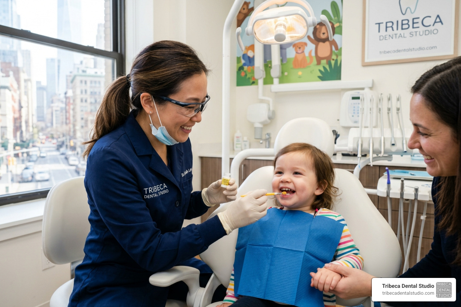 A pediatric dentist applying fluoride varnish to a toddler A pediatric dentist applying fluoride varnish to a toddler