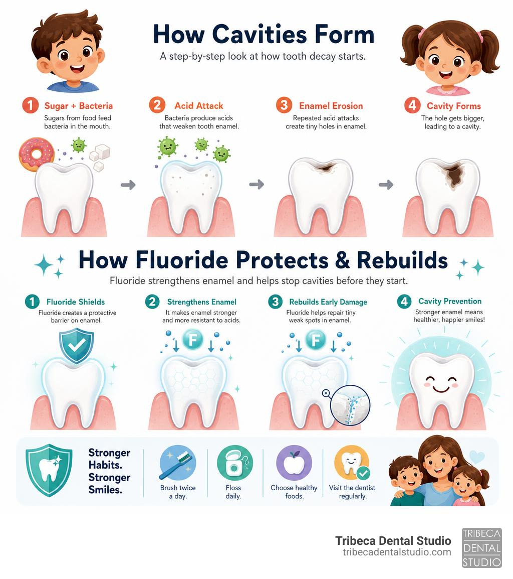 Infographic showing how cavities form and how fluoride protects and rebuilds tooth enamel in children infographic Infographic showing how cavities form and how fluoride protects and rebuilds tooth enamel in children infographic