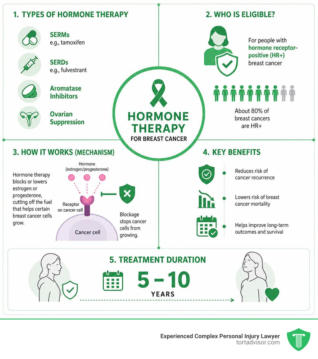 Infographic showing hormone therapy types, eligibility, mechanisms, and treatment duration for breast cancer infographic Infographic showing hormone therapy types, eligibility, mechanisms, and treatment duration for breast cancer infographic