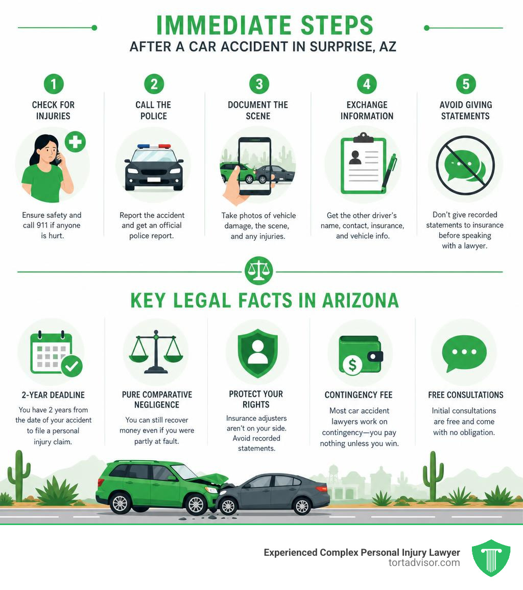 Infographic showing immediate steps after a car accident in Surprise Arizona and key legal facts