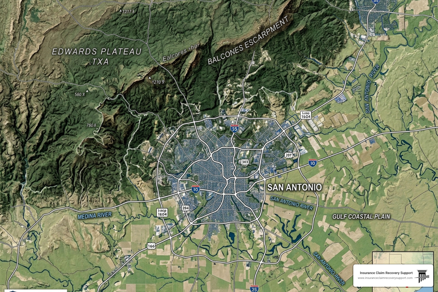Topographical map showing the Balcones Escarpment and Edwards Plateau surrounding San Antonio Topographical map showing the Balcones Escarpment and Edwards Plateau surrounding San Antonio