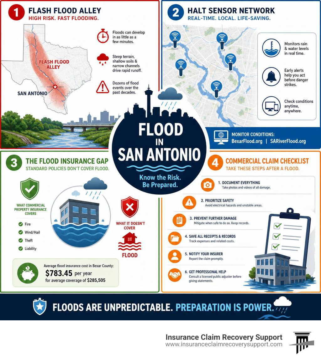 Infographic: Flash Flood Alley risk map, HALT sensor network, flood insurance gap, and commercial claim checklist for San Infographic: Flash Flood Alley risk map, HALT sensor network, flood insurance gap, and commercial claim checklist for San