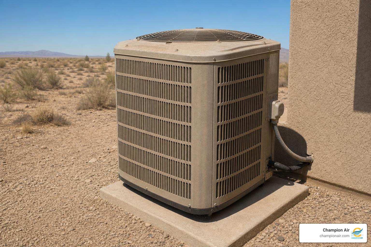 An outdoor AC condenser unit surrounded by desert dust under extreme heat