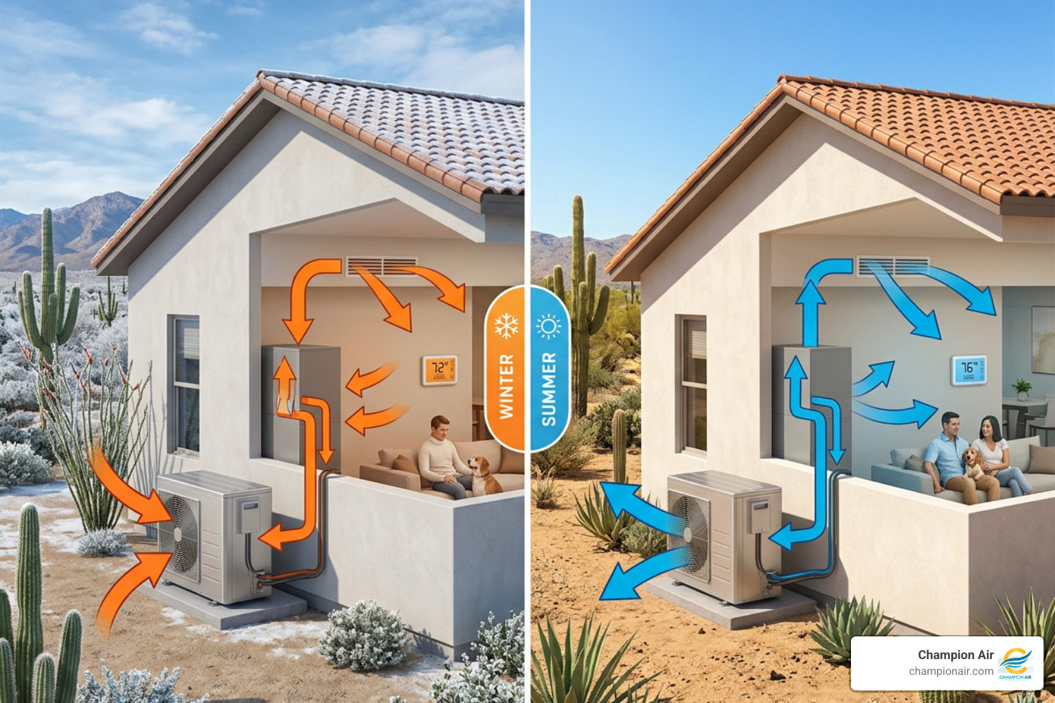 Infographic showing dual heating and cooling cycles of a heat pump in Arizona desert climate