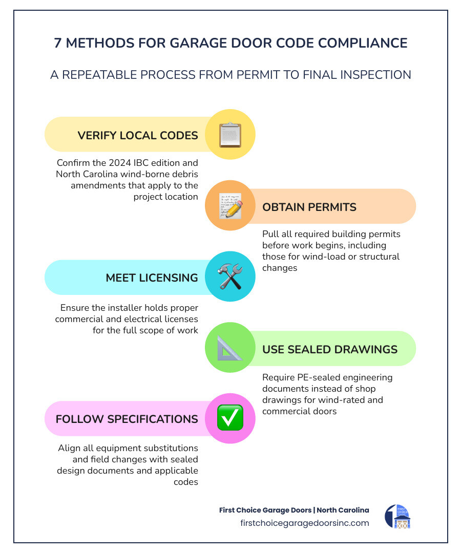 Infographic showing 7-step garage door code compliance process from permits to final inspection infographic