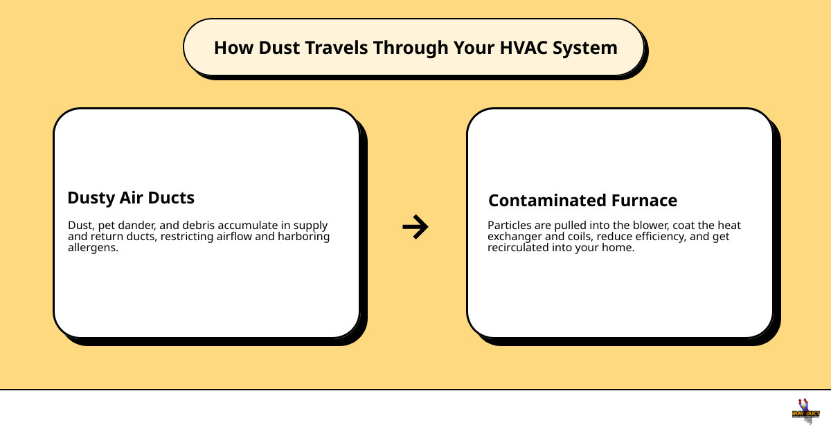 Infographic showing the connection between air ducts and furnace components, with arrows indicating dust flow from ducts
