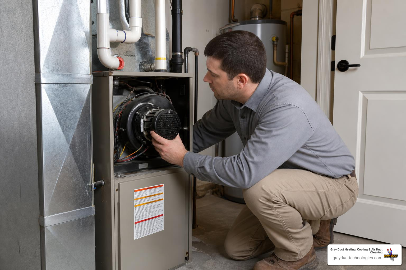 technician inspecting a furnace blower motor and ductwork in a home