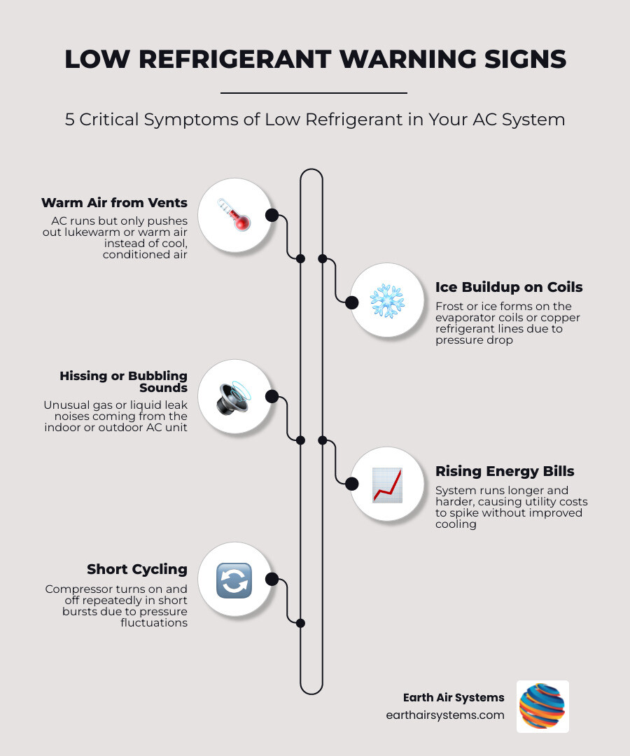 Infographic showing 5 low refrigerant signs in AC system: warm air, ice buildup, hissing sounds, high bills, short cycling