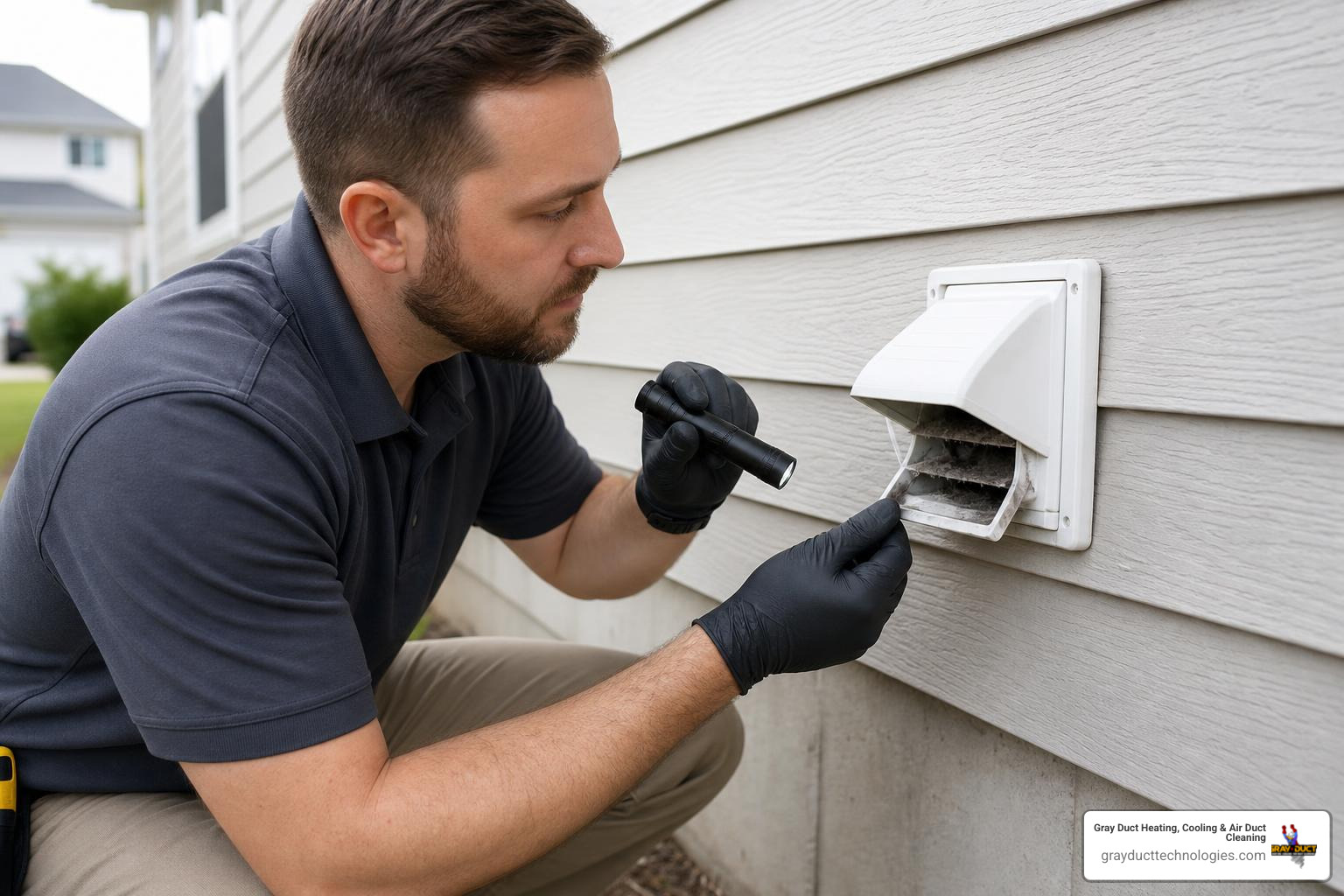 A technician inspecting an exterior dryer vent cover for damage and pest intrusion