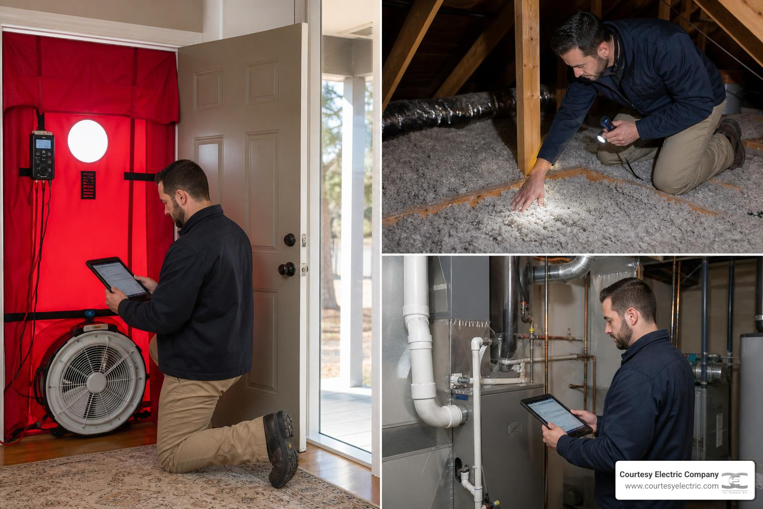Technician performing a residential home energy audit in a Denver home