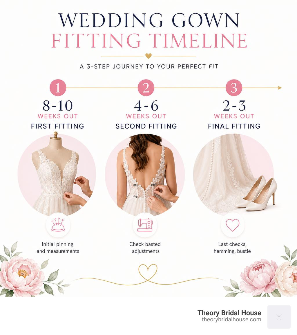 Wedding gown fitting timeline infographic: first fitting 8-10 weeks out, second 4-6 weeks, final 2-3 weeks infographic
