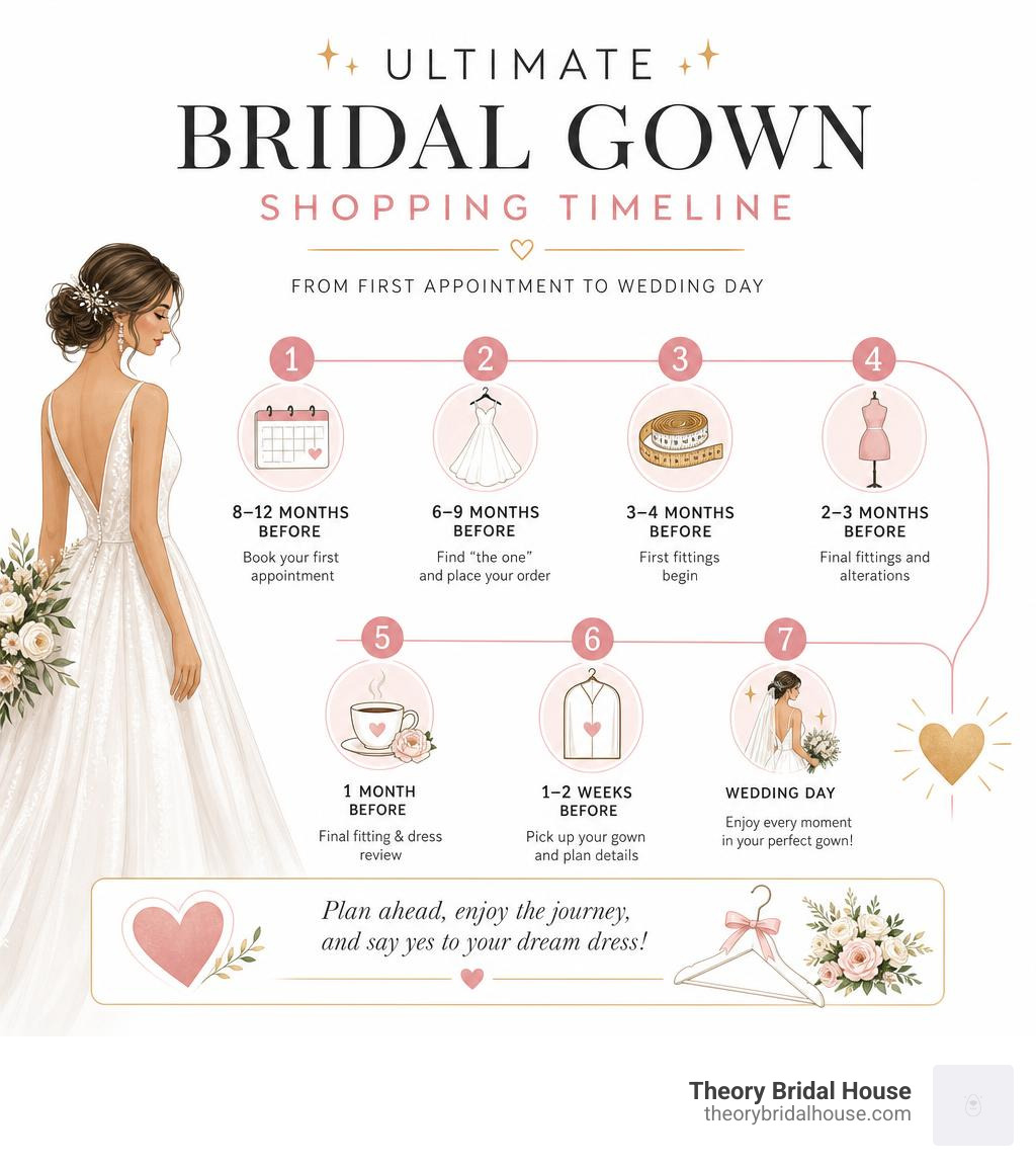 Ultimate bridal gown shopping timeline infographic from first appointment to wedding day infographic