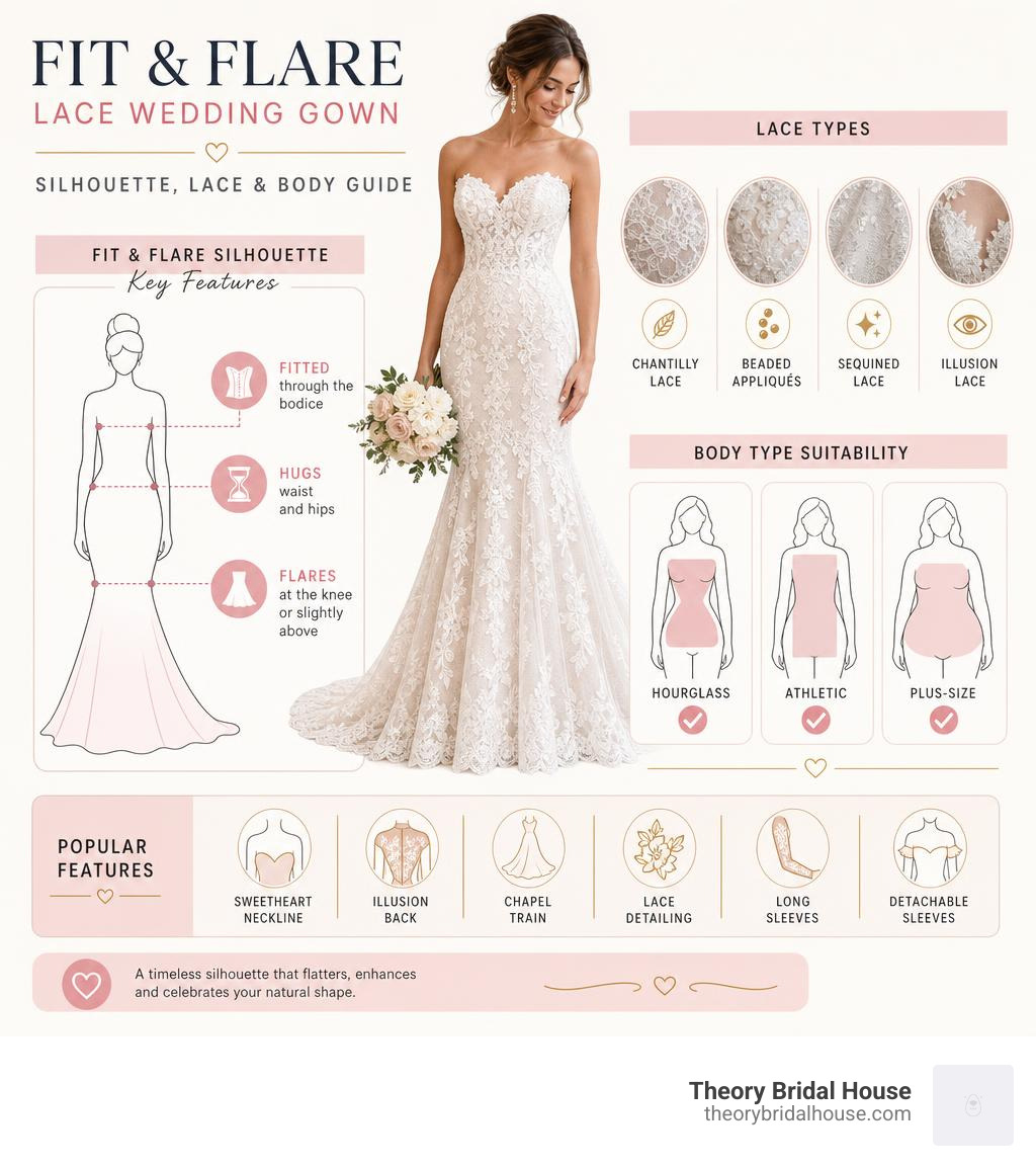 Infographic showing fit and flare silhouette features, lace types, and body type suitability infographic Infographic showing fit and flare silhouette features, lace types, and body type suitability infographic