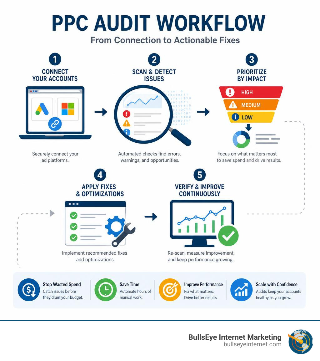 PPC audit workflow diagram illustrating connection to actionable fixes, automated issue detection, and prioritizing improvements