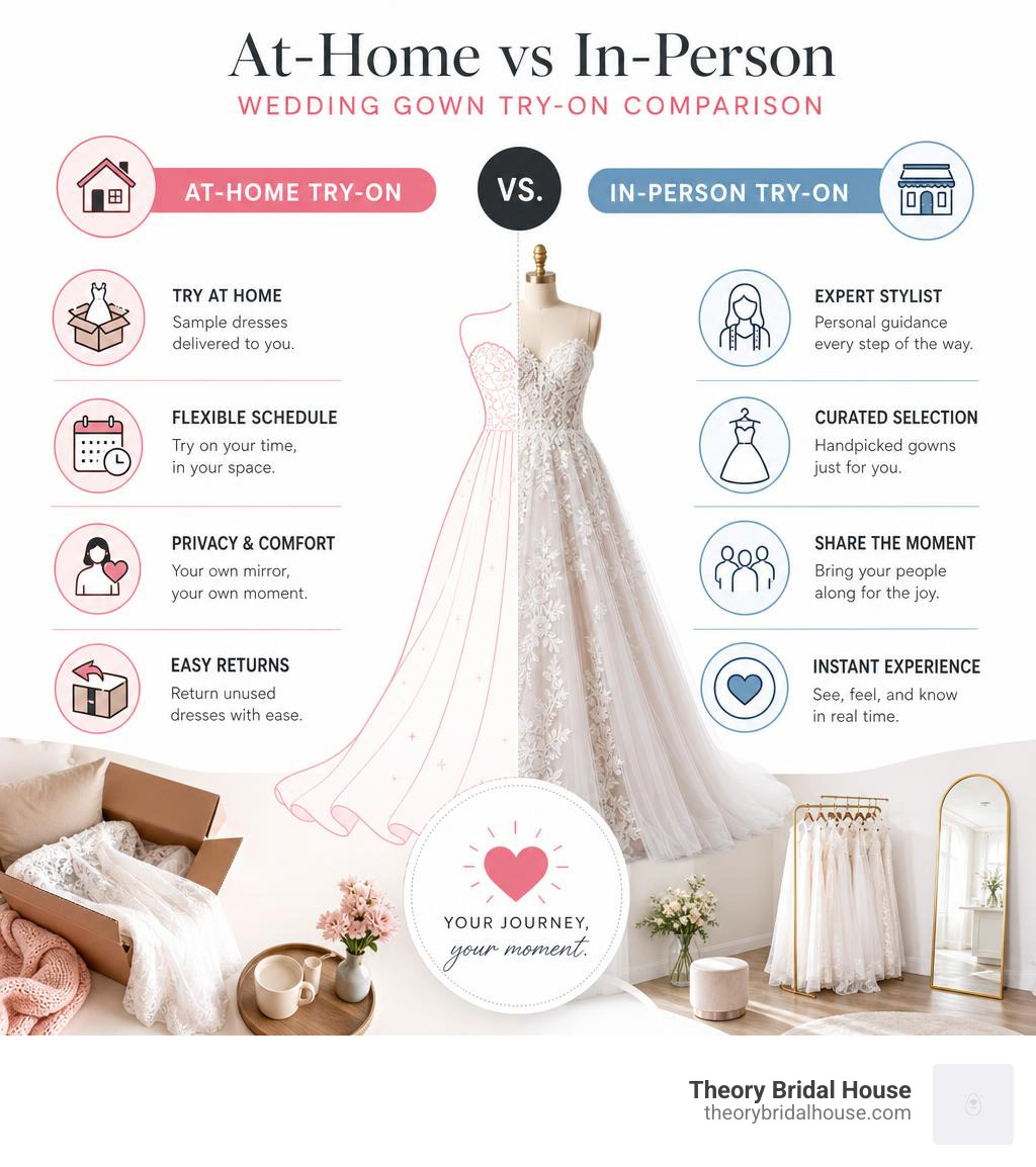 At-home vs in-person wedding gown try-on comparison infographic infographic At-home vs in-person wedding gown try-on comparison infographic infographic