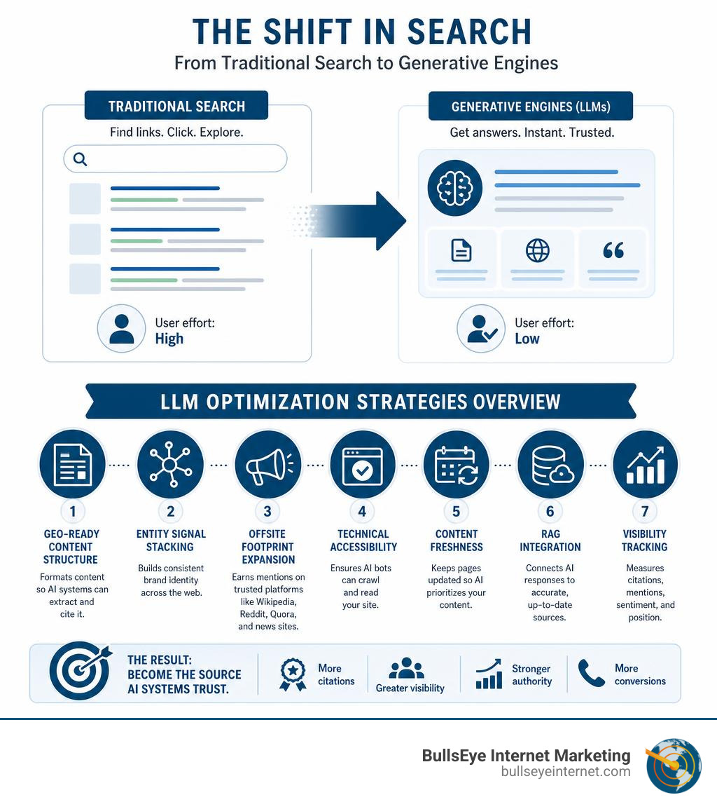 Infographic illustrating the shift from traditional search to generative AI search, highlighting LLM optimization strategies