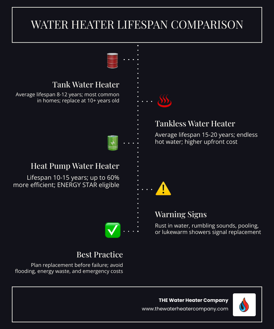 Infographic comparing average lifespan of tank vs tankless vs heat pump water heaters with key replacement indicators Infographic comparing average lifespan of tank vs tankless vs heat pump water heaters with key replacement indicators