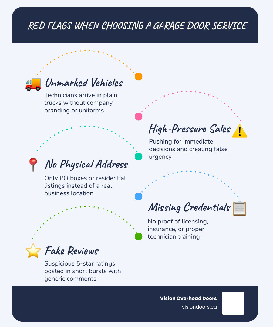 Infographic showing red flags when choosing a garage door service including unmarked trucks, pressure tactics, fake reviews Infographic showing red flags when choosing a garage door service including unmarked trucks, pressure tactics, fake reviews