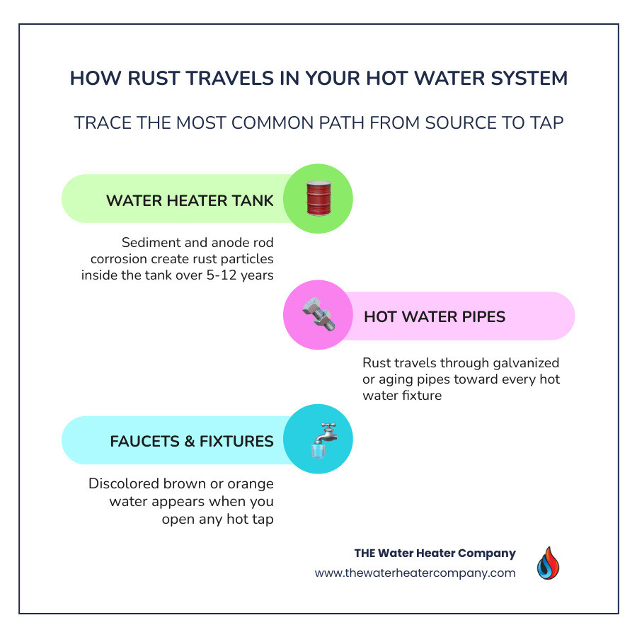 Infographic showing how rust travels from water heater tank through hot water pipes to home faucets infographic Infographic showing how rust travels from water heater tank through hot water pipes to home faucets infographic
