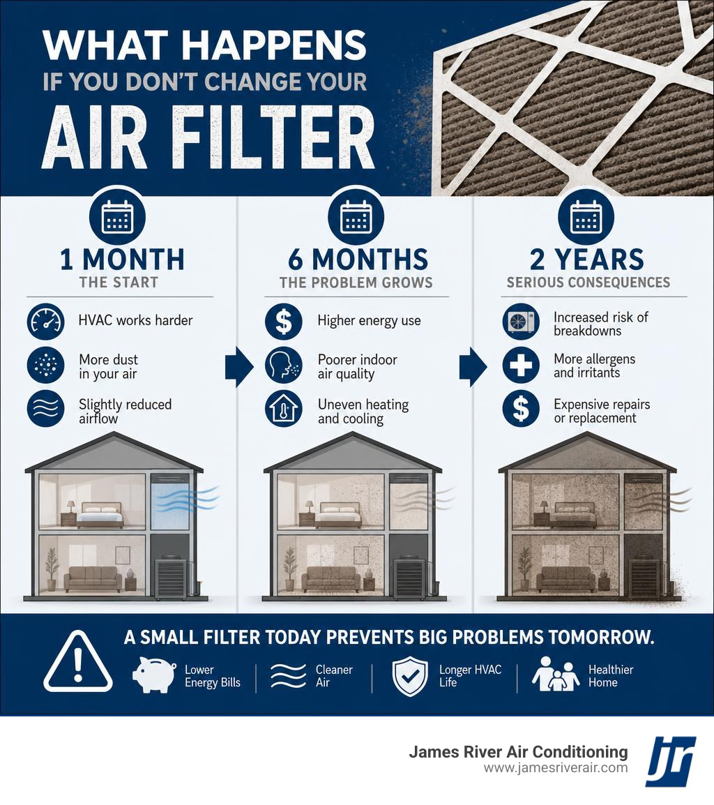 Infographic showing what happens at 1 month, 6 months, and 2 years without changing an air filter infographic Infographic showing what happens at 1 month, 6 months, and 2 years without changing an air filter infographic