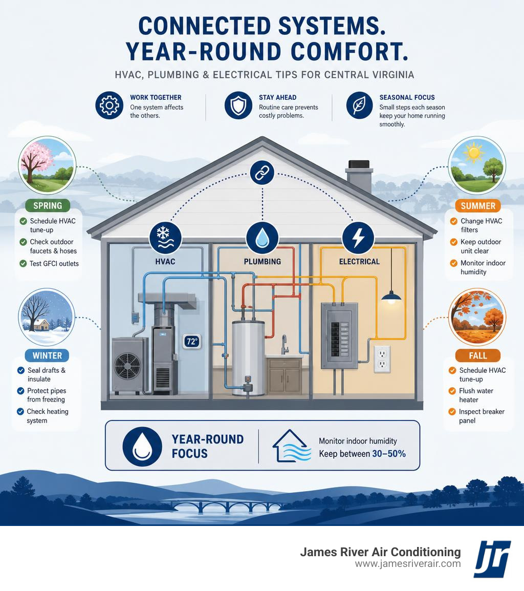 Infographic showing interconnected HVAC plumbing and electrical home systems with Central Virginia seasonal tips infographic Infographic showing interconnected HVAC plumbing and electrical home systems with Central Virginia seasonal tips infographic