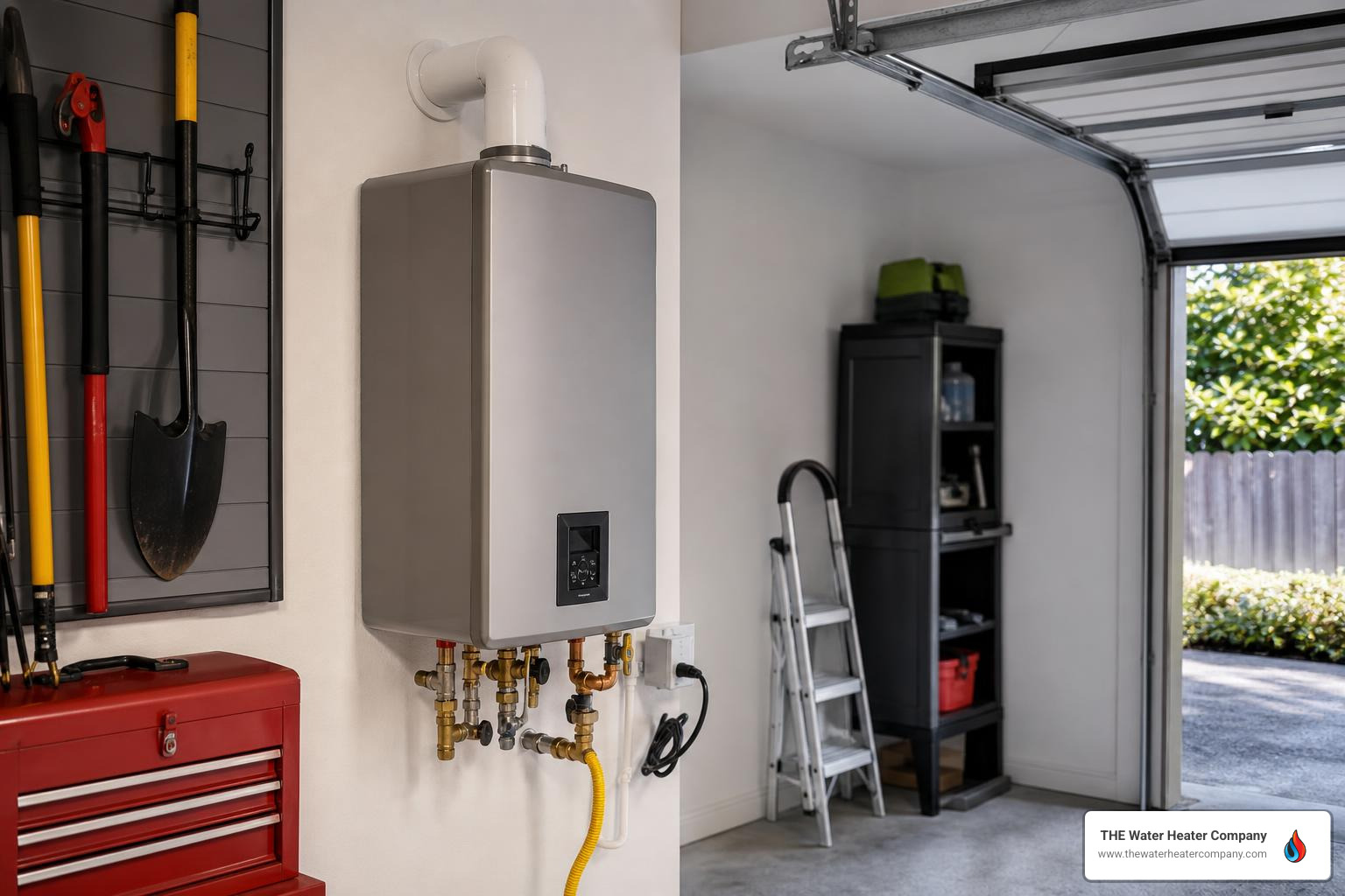 modern tankless water heater installed on a garage wall modern tankless water heater installed on a garage wall