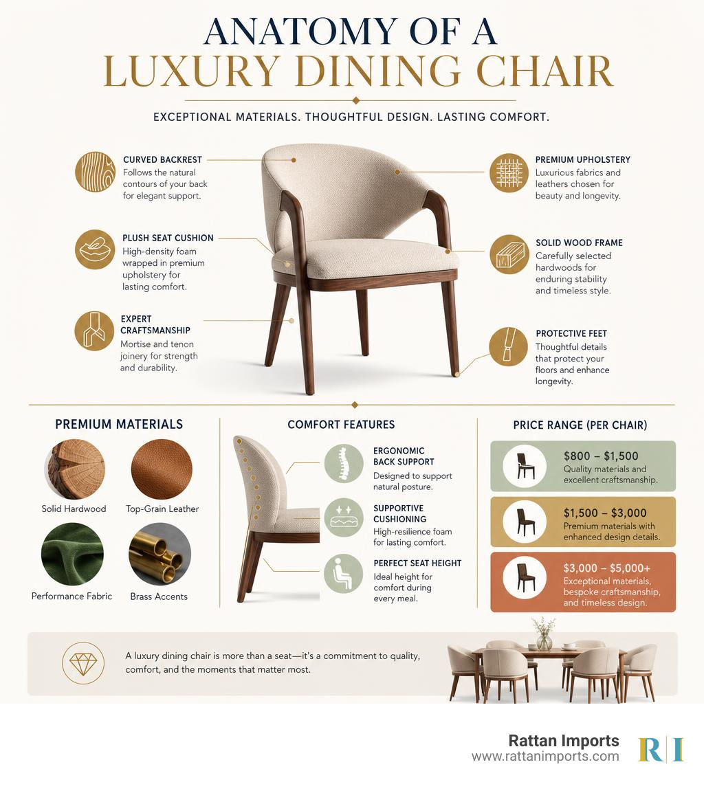 Anatomy of a luxury dining chair infographic with materials, comfort features, and price ranges infographic