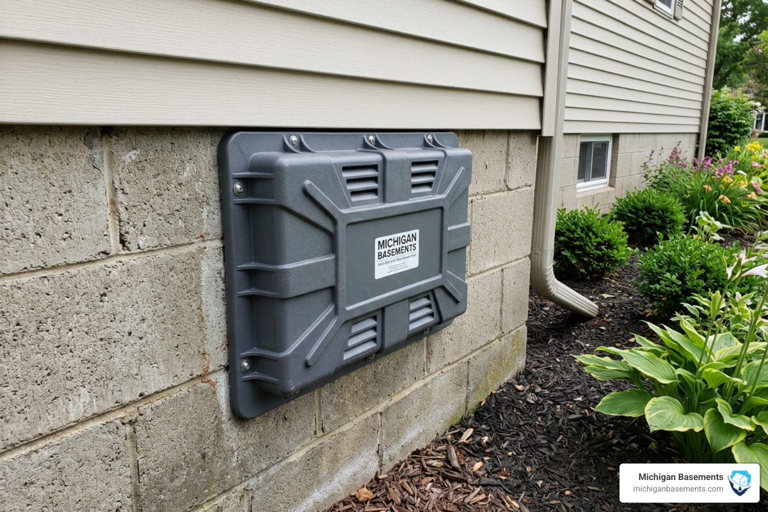 heavy duty ABS plastic crawl space cover installed on a block foundation