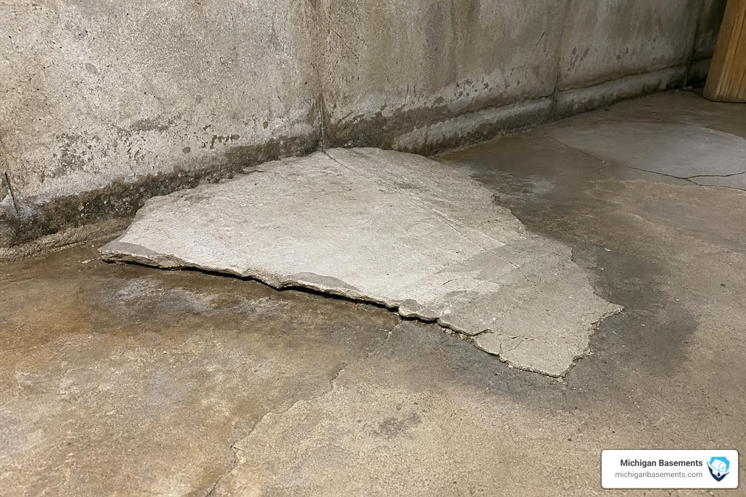 A DIY concrete patch peeling and cracking off a basement floor due to hydrostatic pressure and slab movement