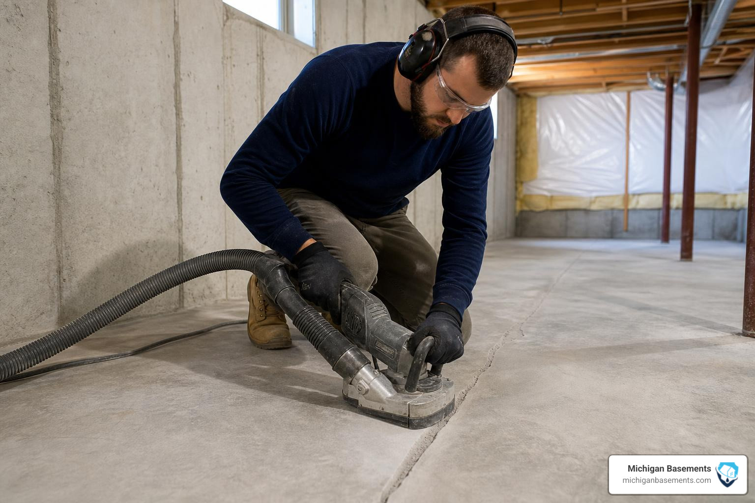 Professional technician preparing a concrete crack in a basement floor using a diamond grinder