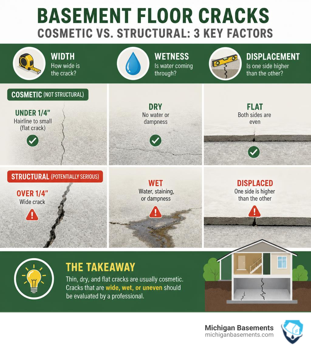 infographic comparing cosmetic vs structural basement floor cracks by width, wetness, and displacement infographic