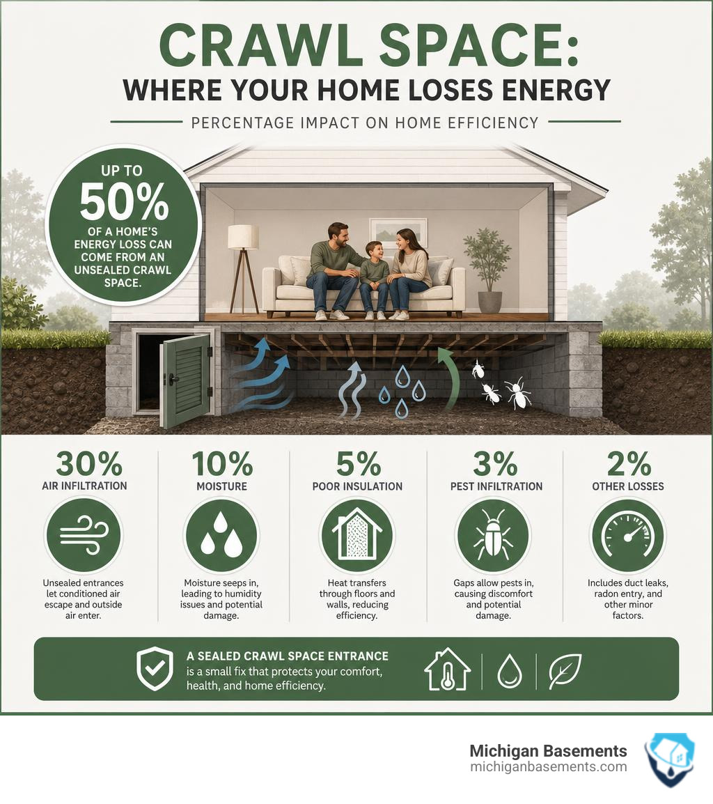 infographic showing crawl space energy loss sources and percentage impact on home efficiency infographic