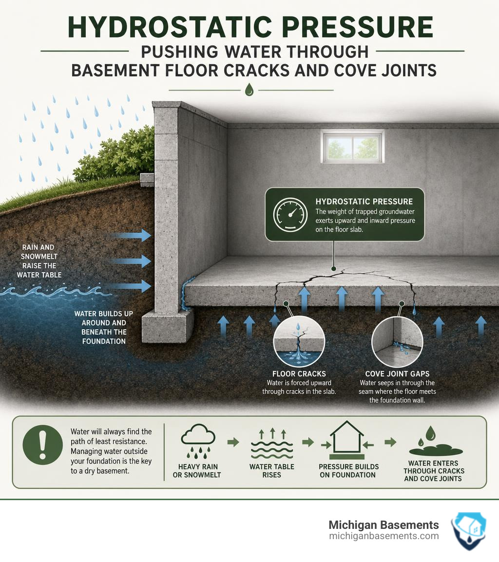 Infographic explaining hydrostatic pressure pushing water through basement floor cracks and cove joints infographic