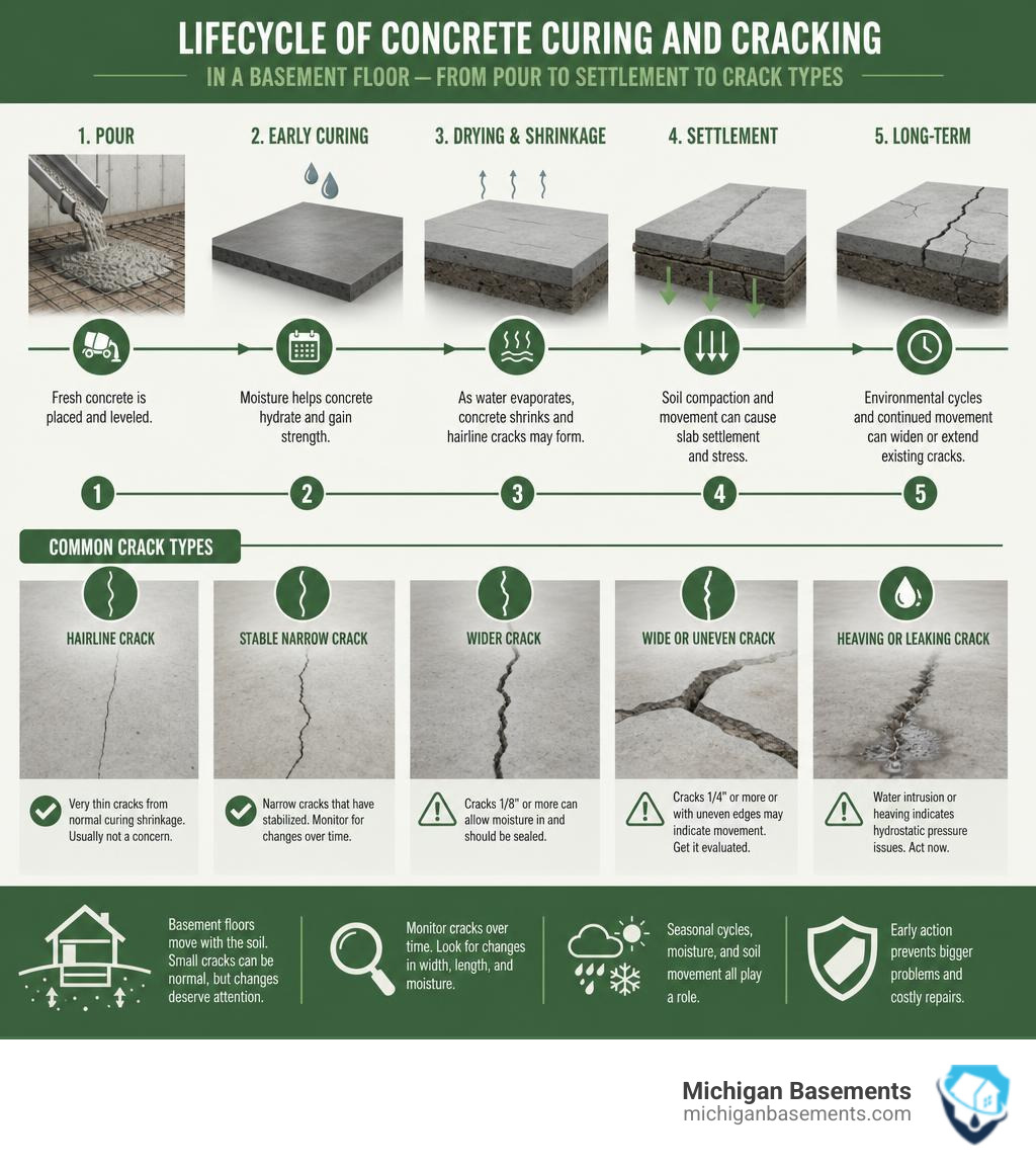 Lifecycle of concrete curing and cracking in a basement floor — from pour to settlement to crack types infographic