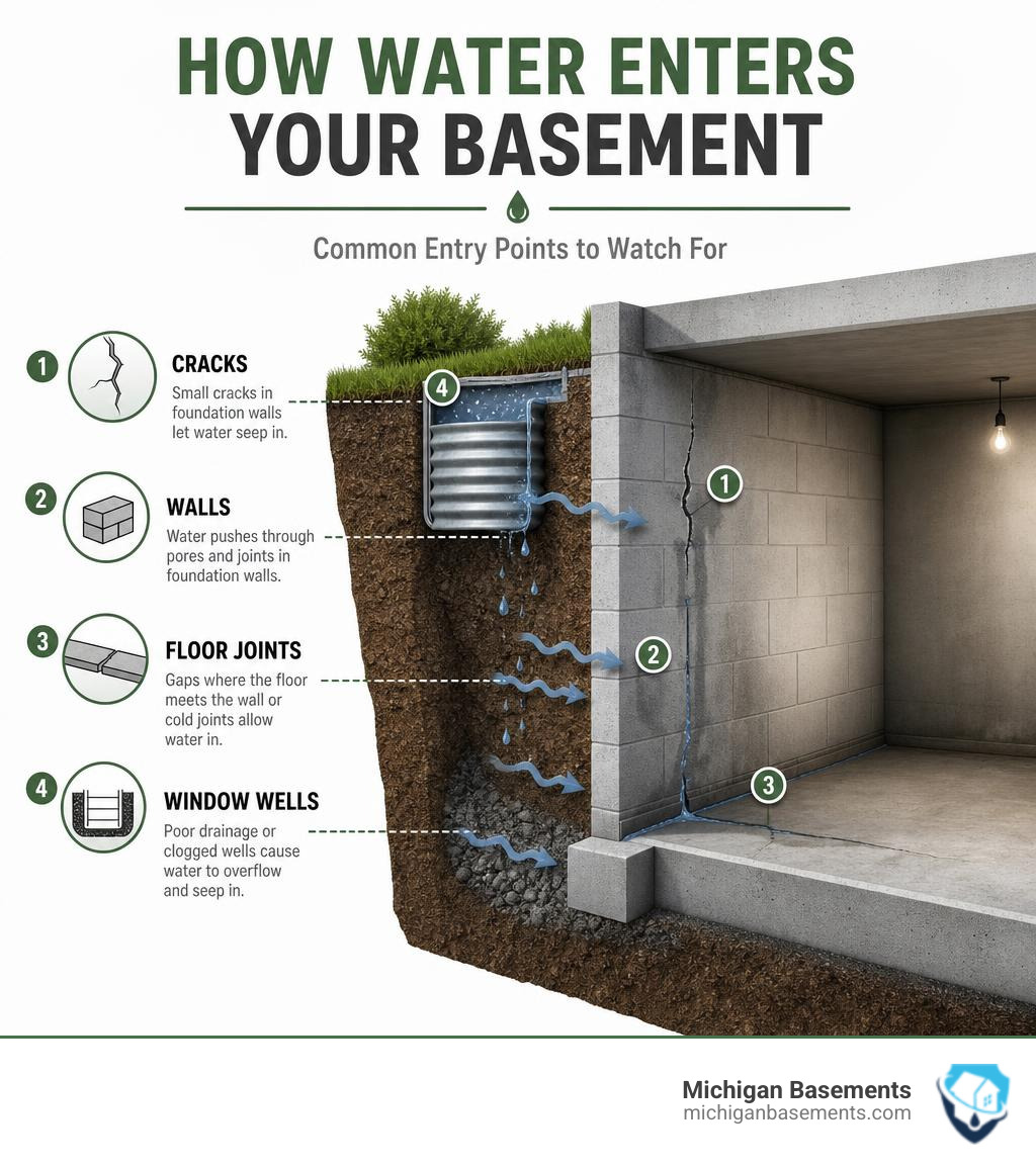 infographic showing how water enters a basement through cracks, walls, floor joints, and window wells infographic