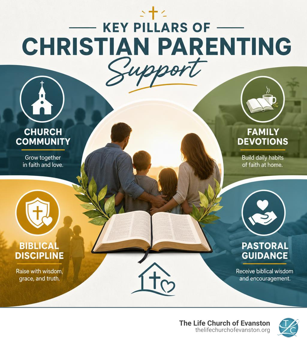 Key pillars of Christian parenting support: church community, family devotions, biblical discipline, pastoral guidance Key pillars of Christian parenting support: church community, family devotions, biblical discipline, pastoral guidance