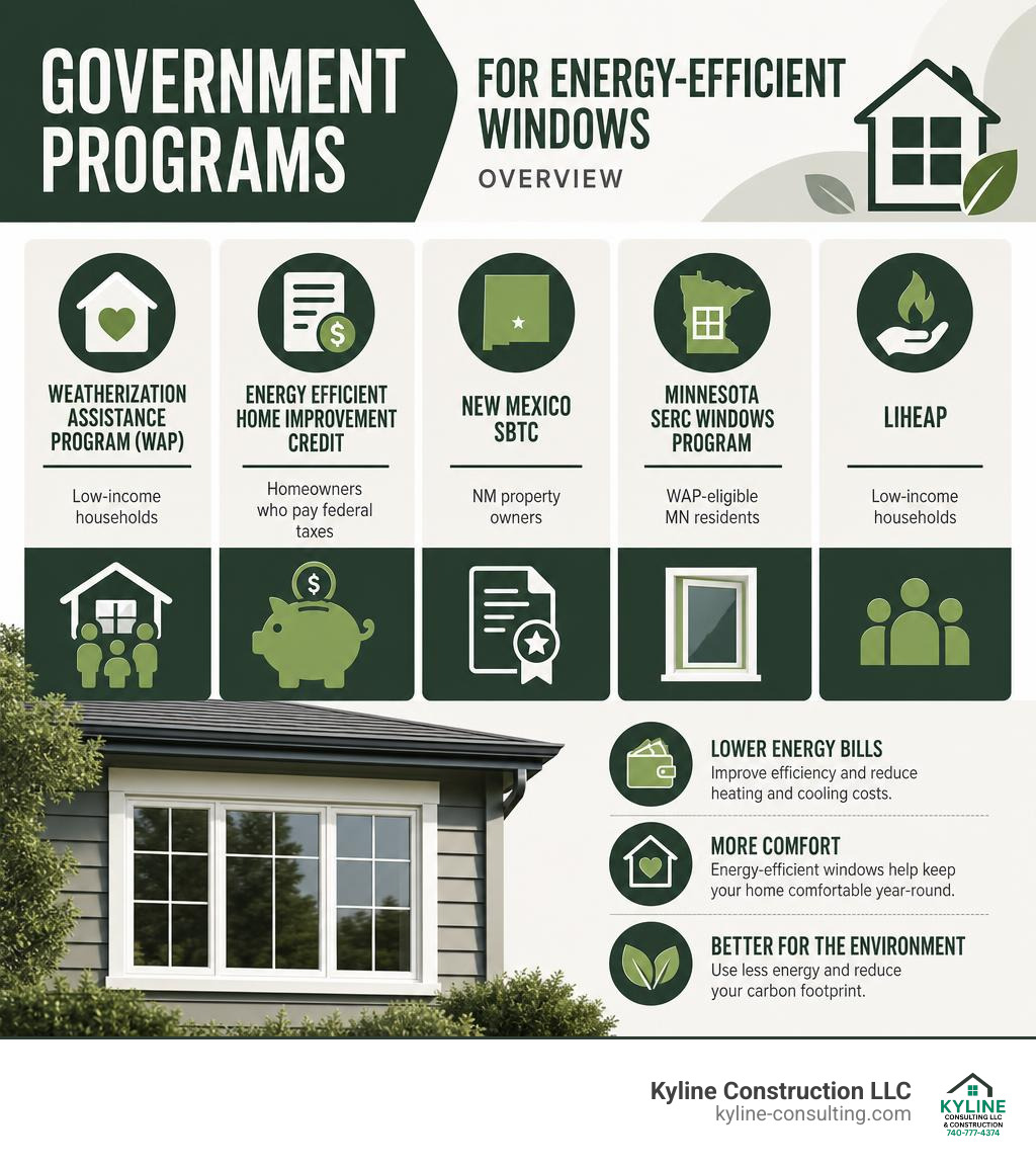 Overview infographic of government programs for energy efficient windows including WAP, tax credits, and state programs Overview infographic of government programs for energy efficient windows including WAP, tax credits, and state programs