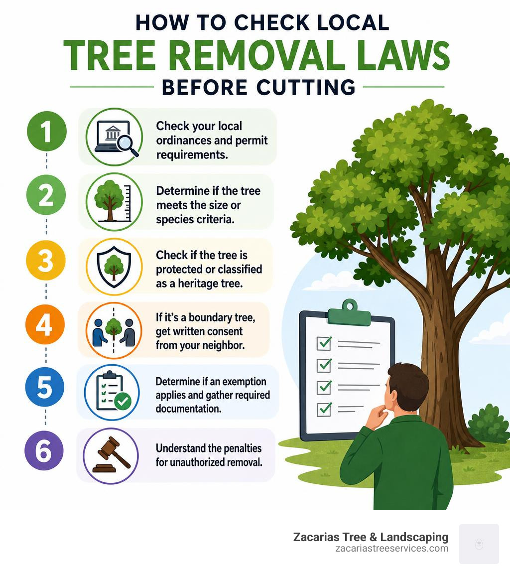 Step-by-step infographic: how to check local tree removal laws before cutting infographic Step-by-step infographic: how to check local tree removal laws before cutting infographic