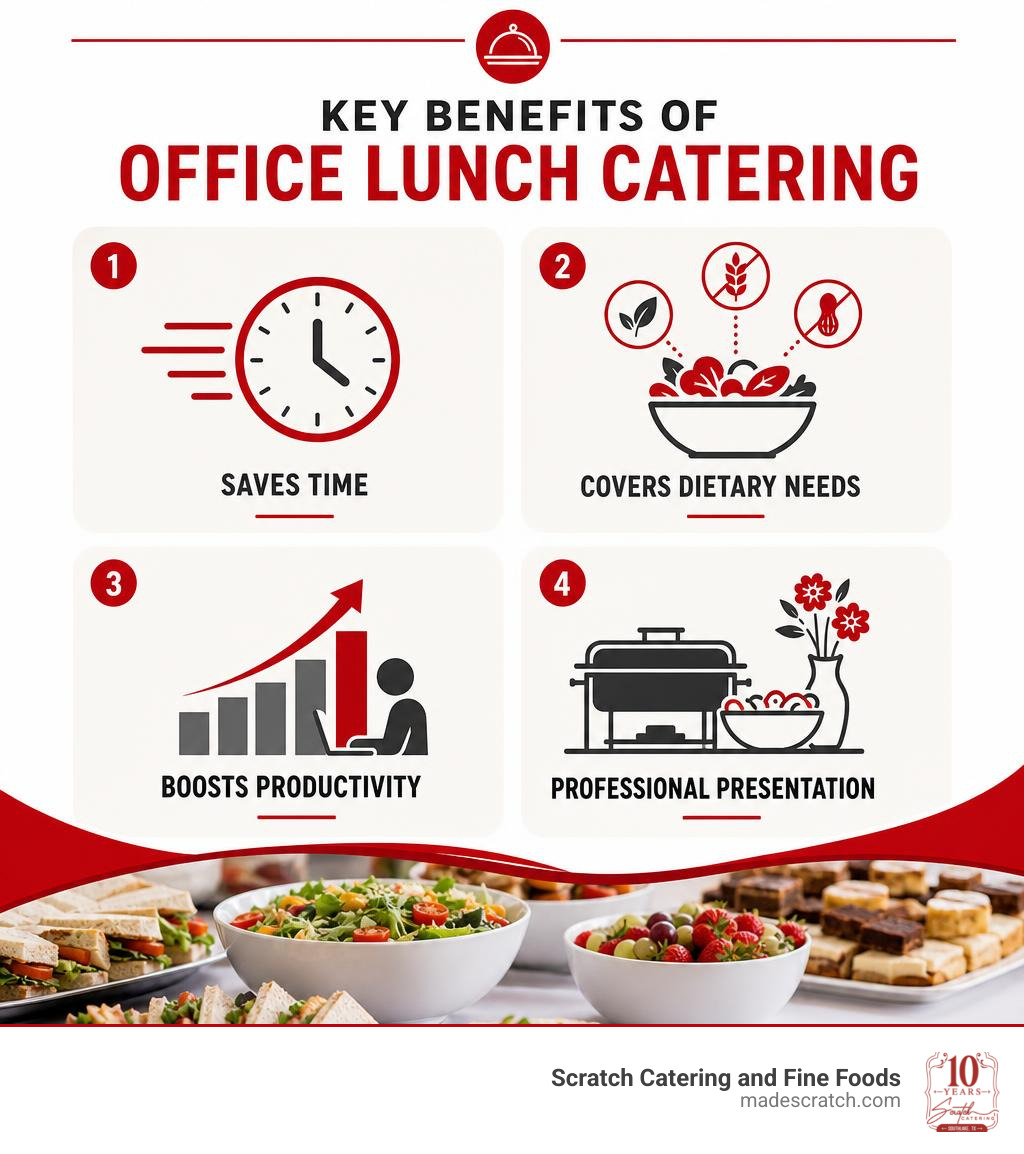 Infographic showing key benefits of office lunch catering: saves time, covers dietary needs, boosts productivity