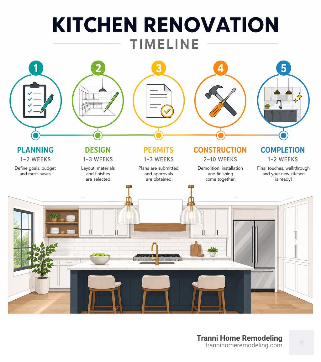 Kitchen renovation timeline infographic showing planning, design, permits, construction, and completion phases infographic