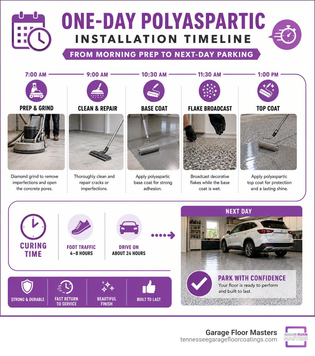 Timeline infographic showing one-day polyaspartic installation steps from morning prep to next-day parking infographic