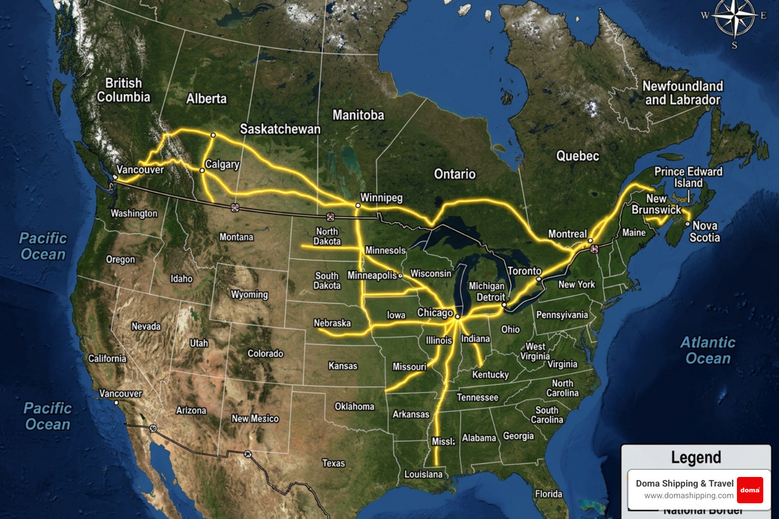 A map outlining cross-border transport routes from Illinois to Canada