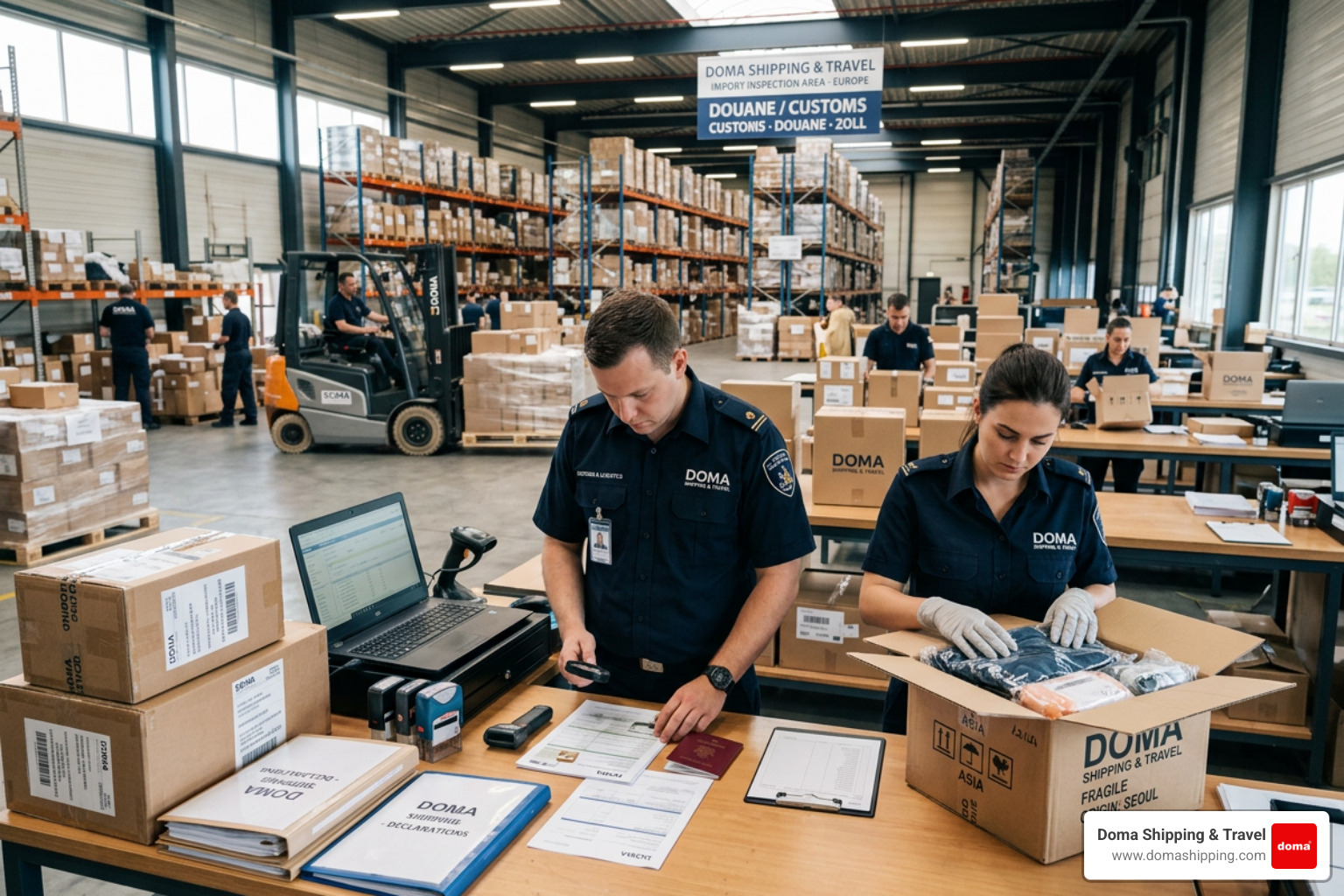 Customs clearance documents and international packages being inspected by customs officers at a European import terminal