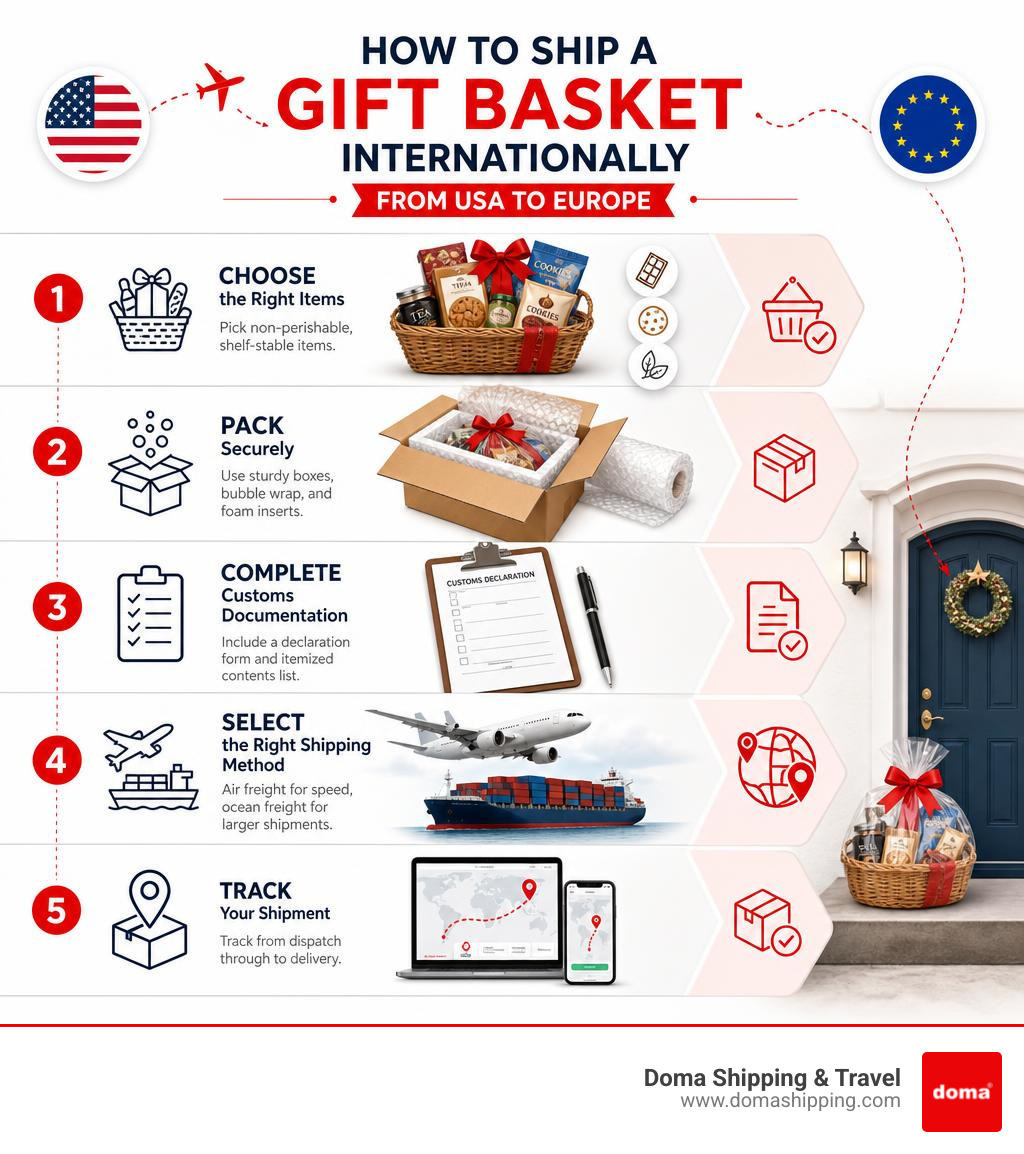 Step-by-step infographic: how to ship a gift basket internationally from USA to Europe infographic
