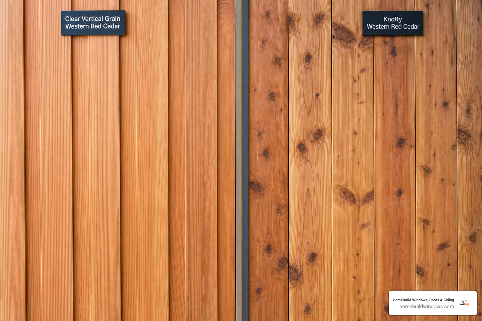 different grades of Western Red Cedar siding showcasing clear and knotty options