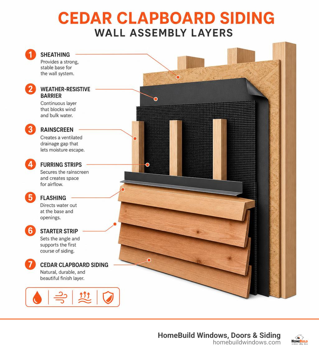 Infographic showing the layers of a weather-resistant cedar clapboard siding wall assembly from sheathing to finished siding