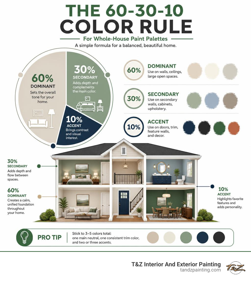 Infographic explaining the 60-30-10 color rule for whole-house paint palettes infographic